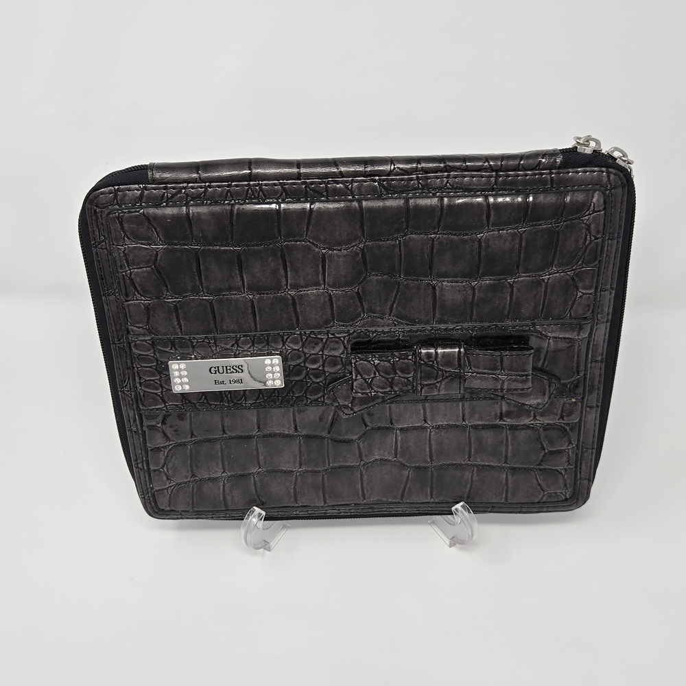GUESS Black Croc-Embossed Tablet Sleeve with Metal Logo Plaque